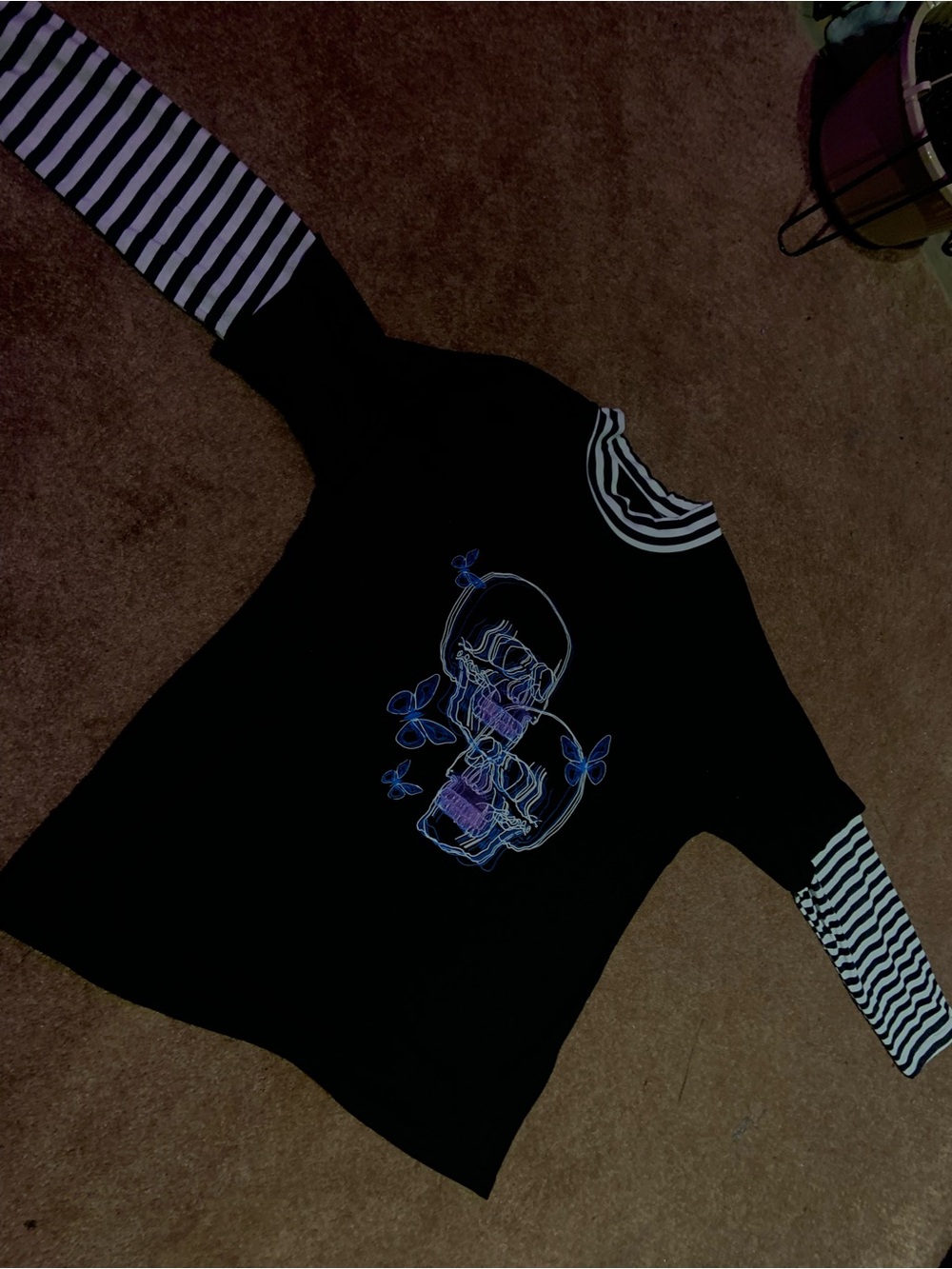 Black Skull & Butterflies Layered Stripe Sleeve Top - neon style